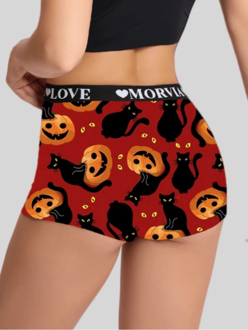 Women’s Halloween Black Cat & Pumpkin Red Lounge Shorts -